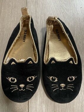 Old Navy Black and Gold Cat Face Girls Dress Flats Sz 8 Ballet Kitten Slip On